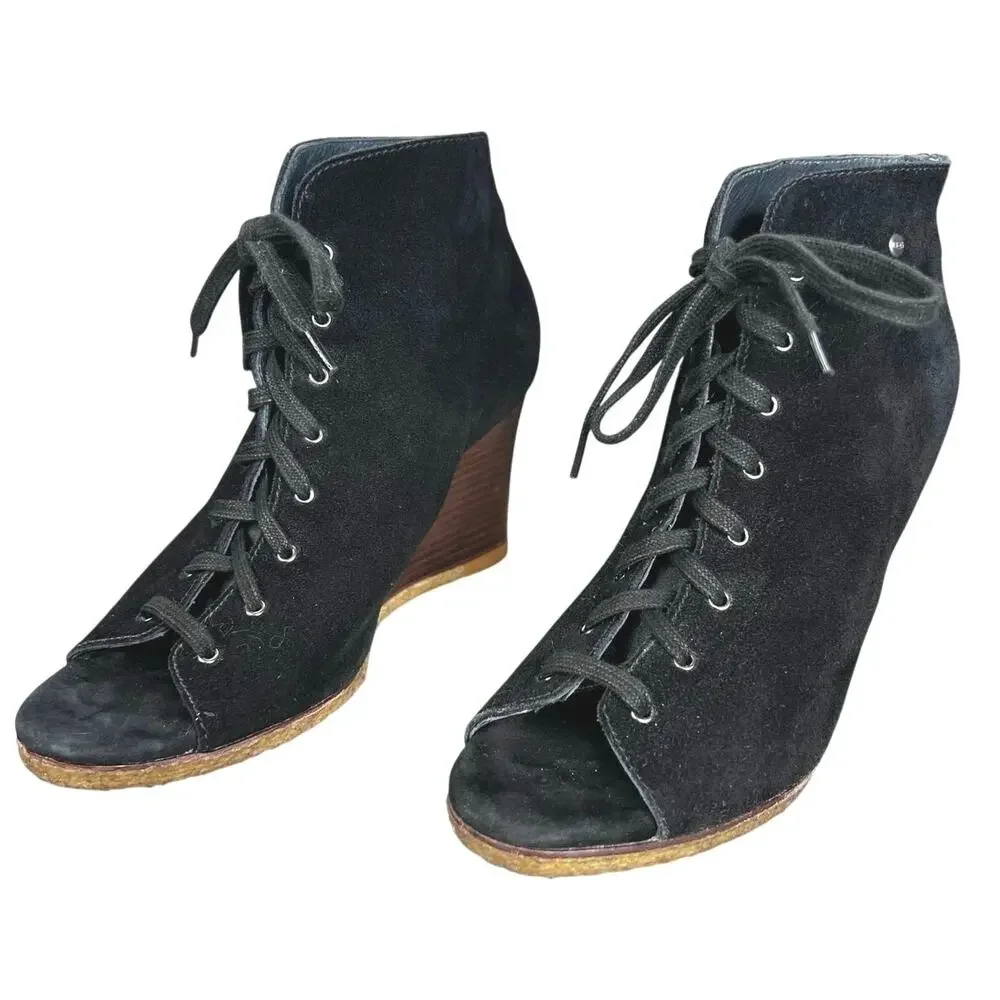 UGG Women’s Elyse Black Suede Open Toe Wedge Ankle Booties Size US 8